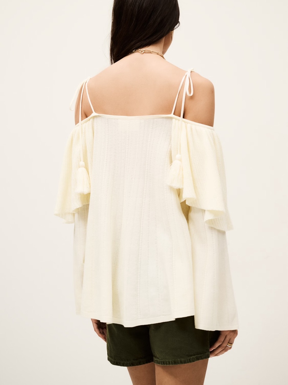 ba&sh Vala Cream Off-Shoulder Knit Top with Tassel Ties - Picture 3 of 16